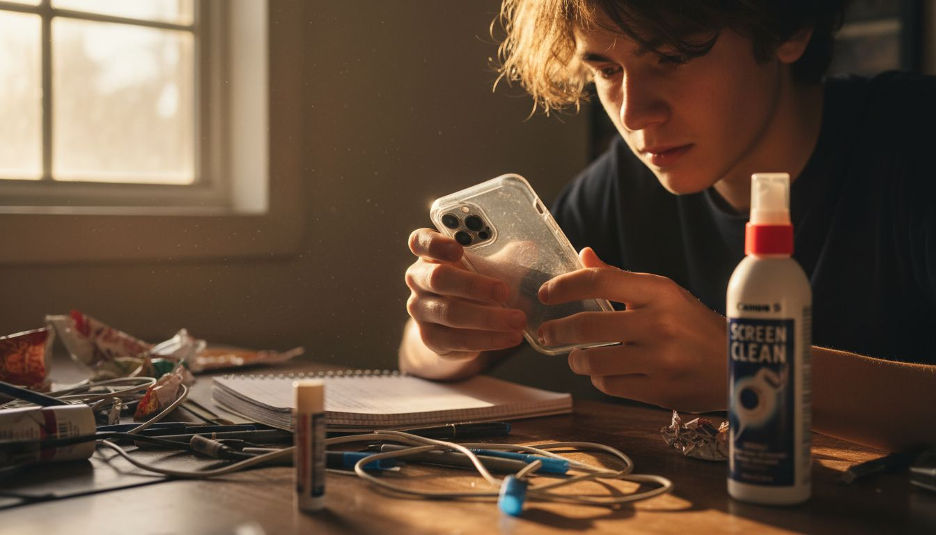Teen removes phone case to clean