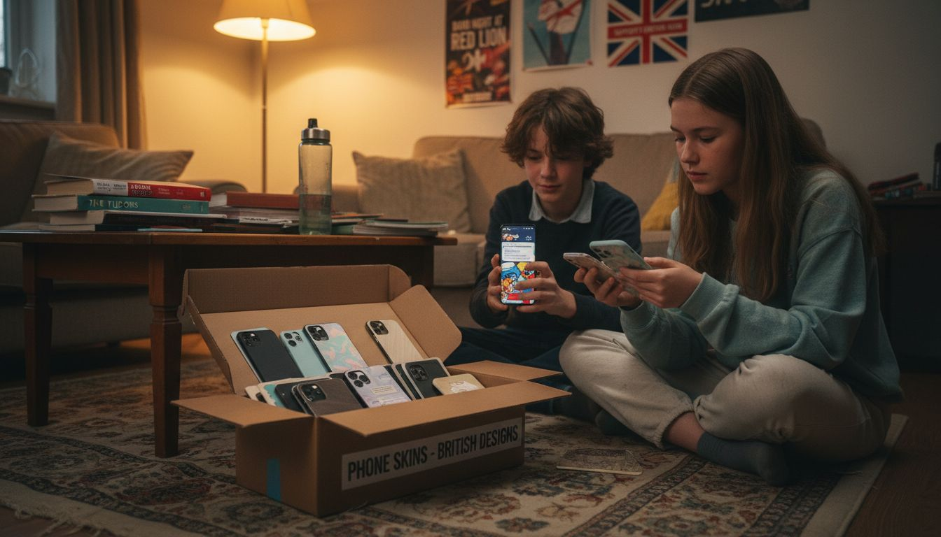 Teen applying patterned phone skin