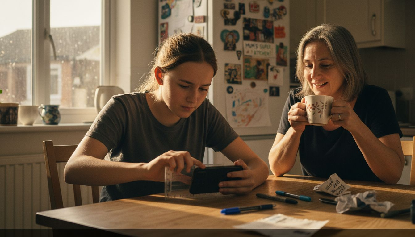 Measuring smartphone size on kitchen table