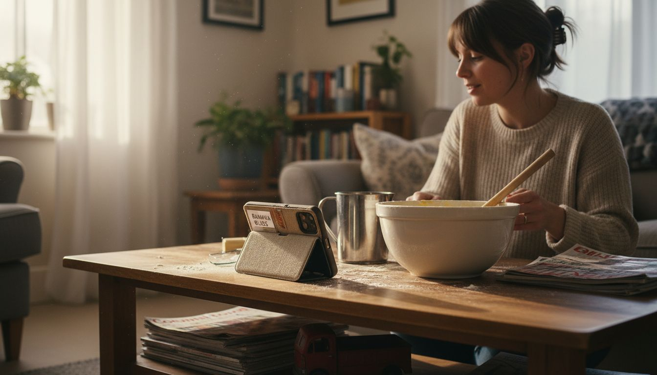 Woman uses kickstand case for recipe