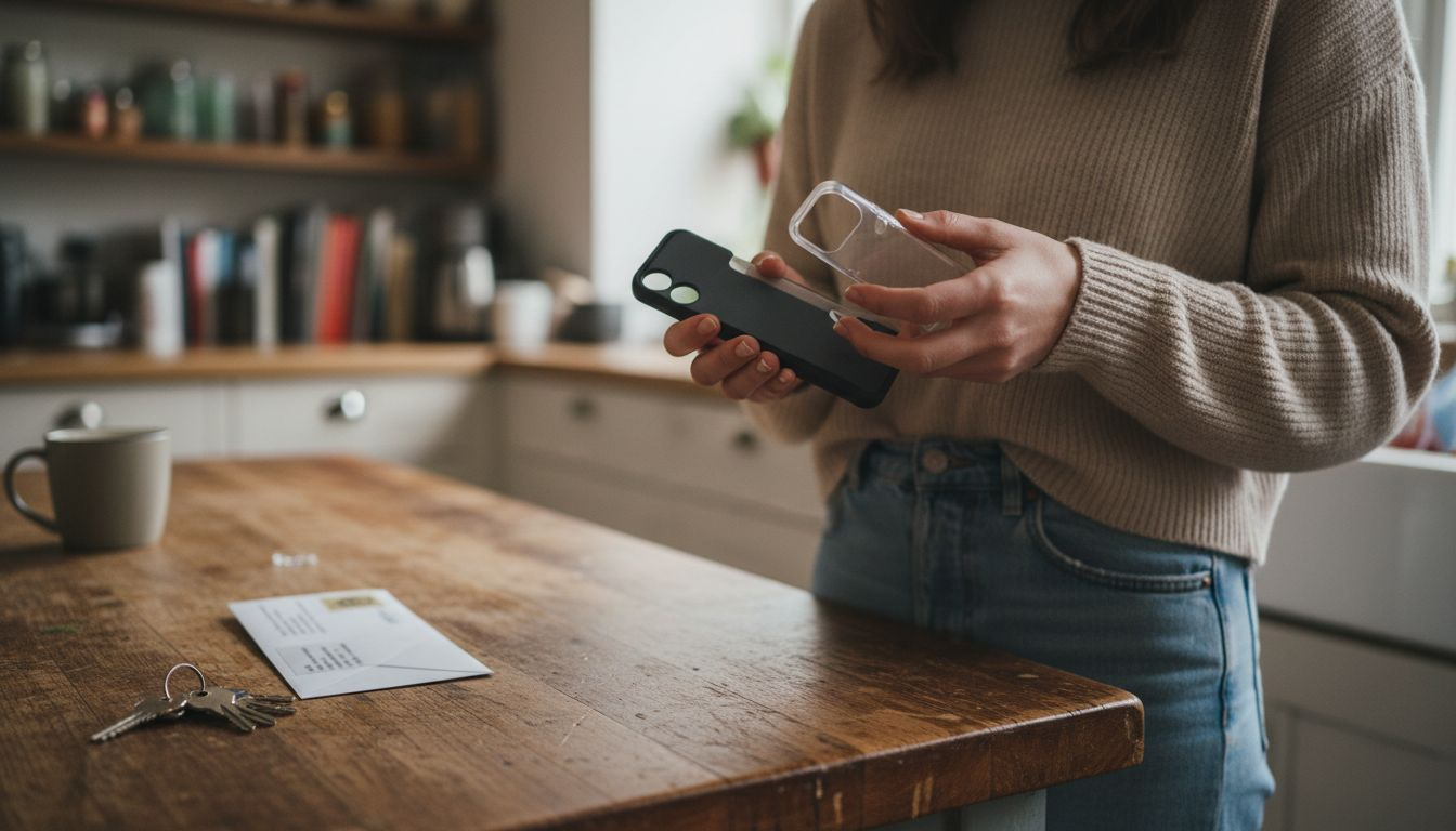 Woman inspecting layers of phone case