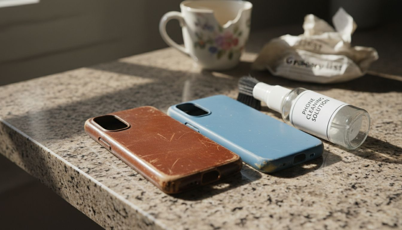 Leather and silicone phone cases with cleaning tools