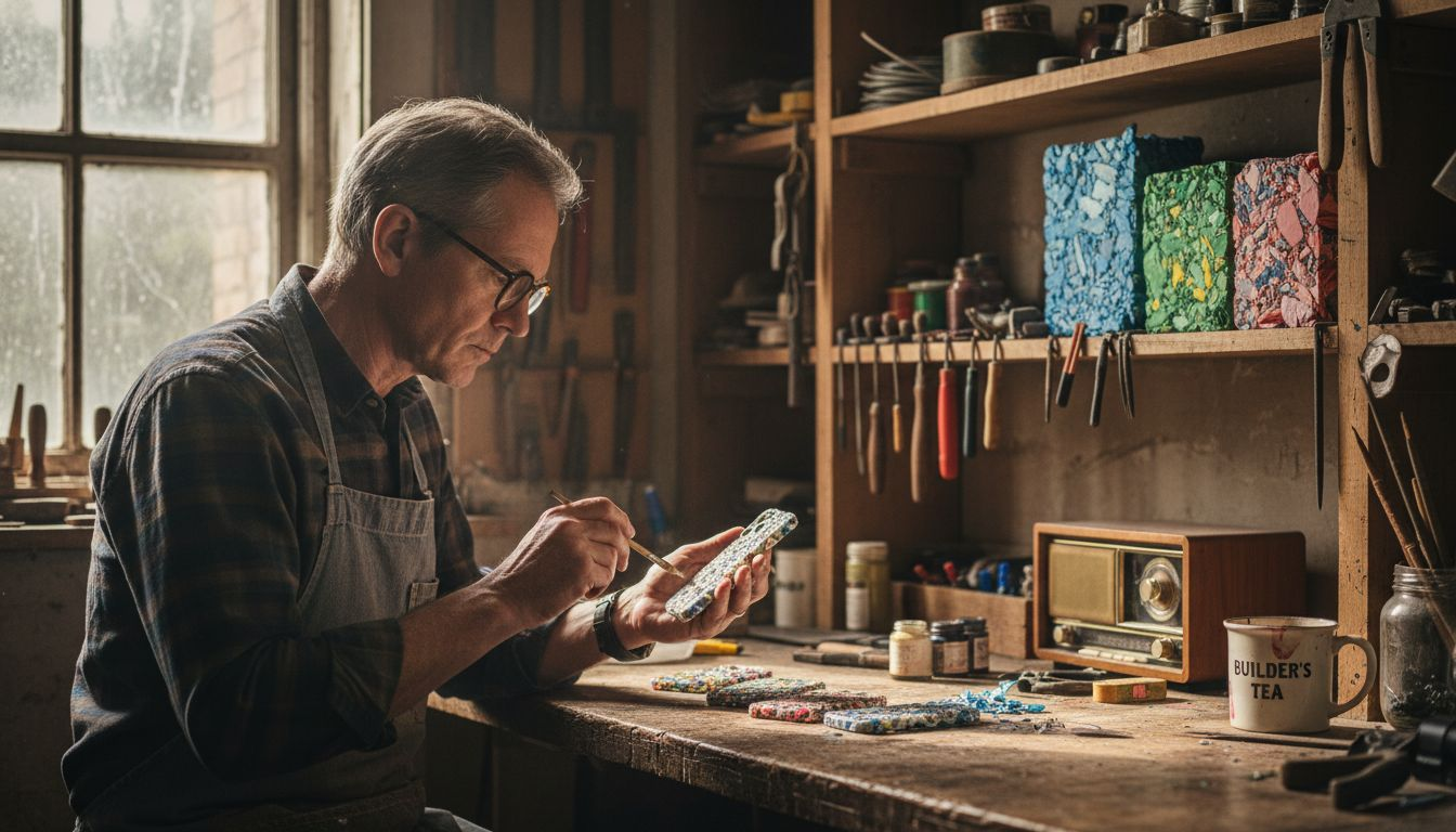 Craftsman in workshop making phone cases