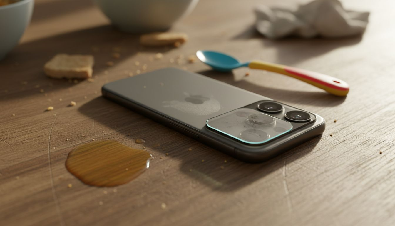 Phone with lens protector on kitchen table