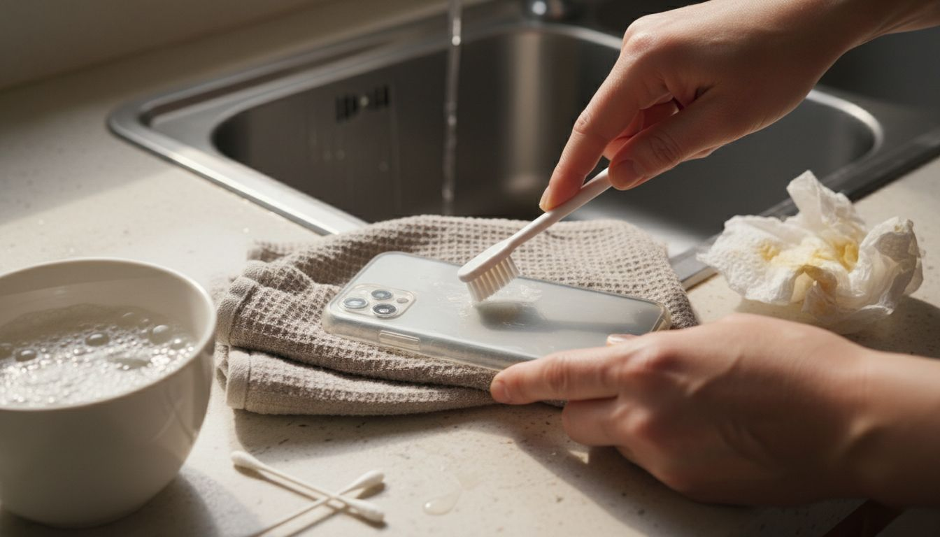 Close up of detailed phone cover cleaning