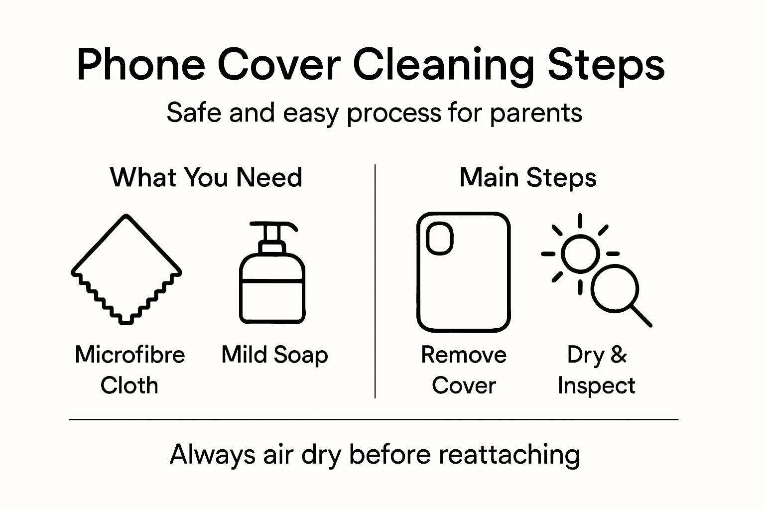 Infographic with key phone cover cleaning steps