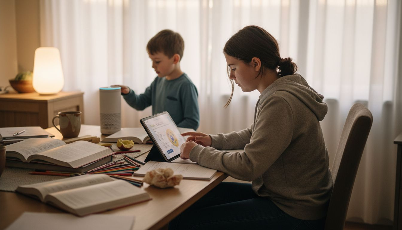 Children using smart devices at home table