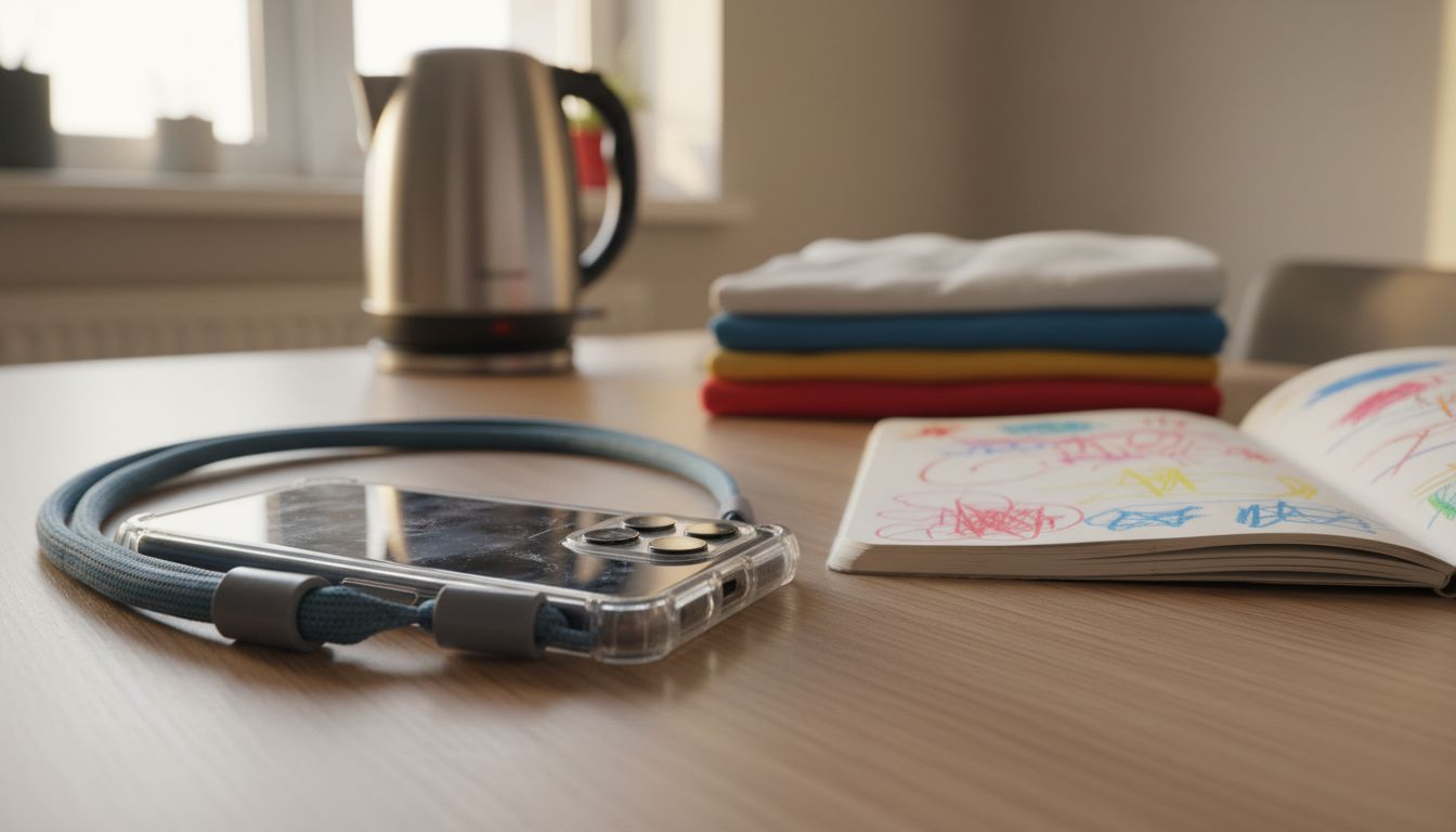 Detail of lanyard phone case on kitchen table