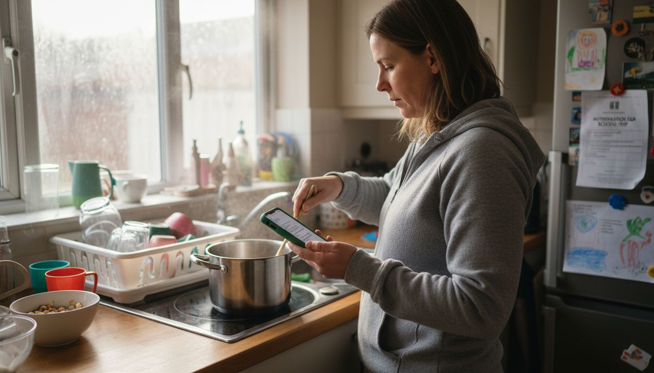 Parent holding ergonomic phone case cooking