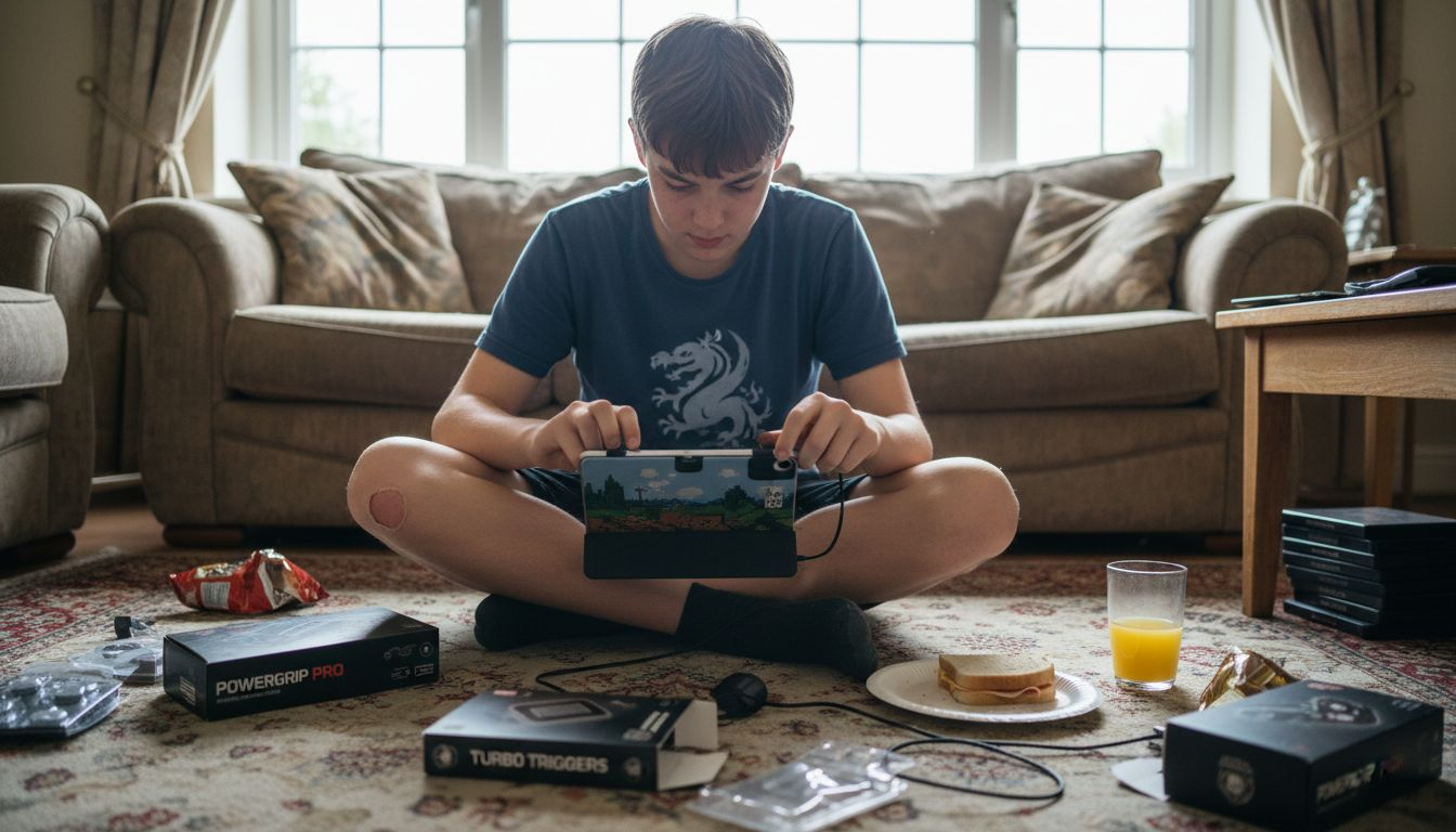 Boy changing gaming grip on tablet