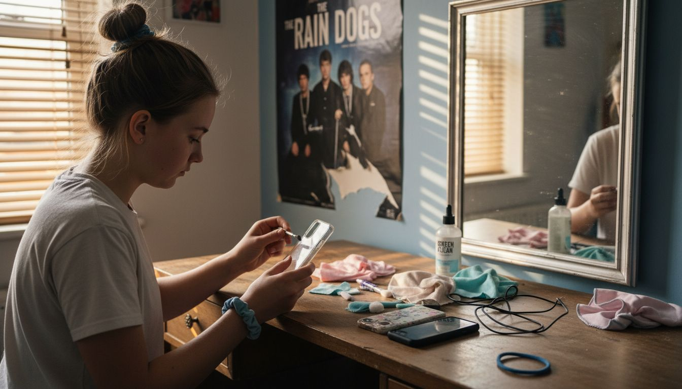 Teen organizing phone cleaning supplies on dresser
