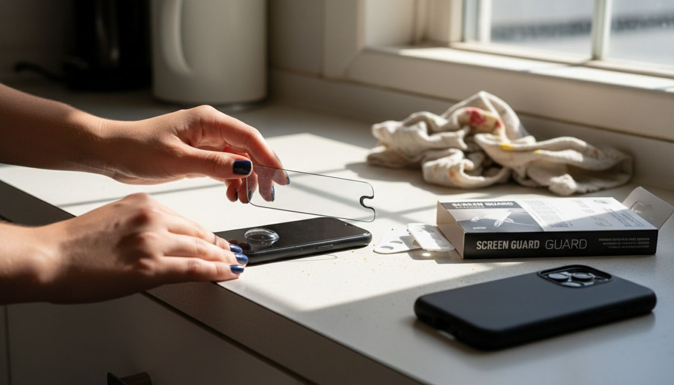 Applying phone screen protector on messy counter