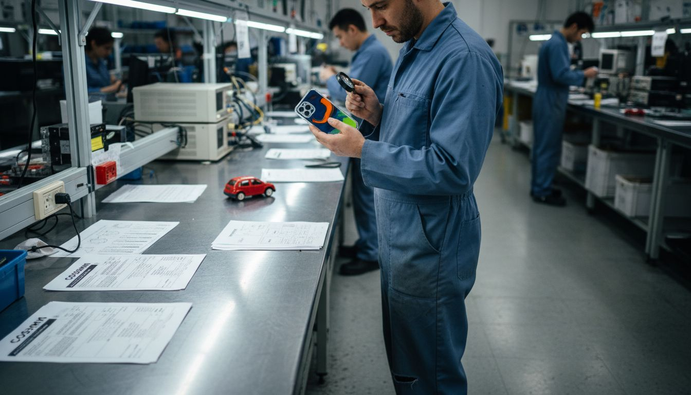 Technician assessing kid accessory durability