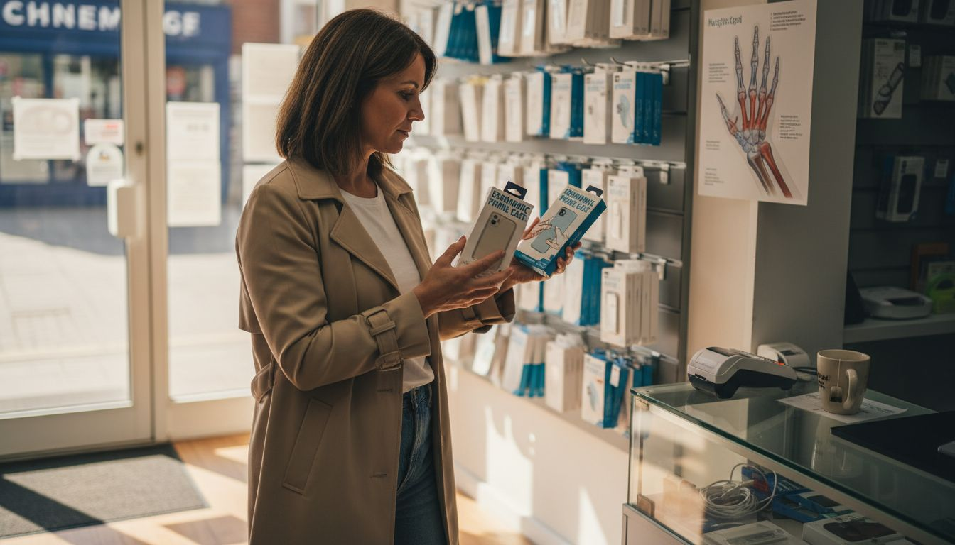 Woman comparing ergonomic phone cases in store