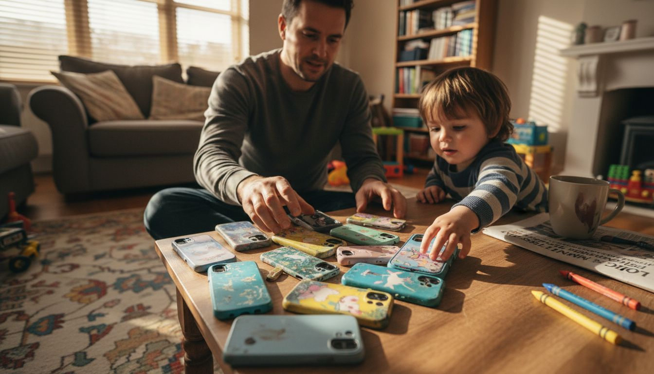 Parent and child examining assorted used phone cases