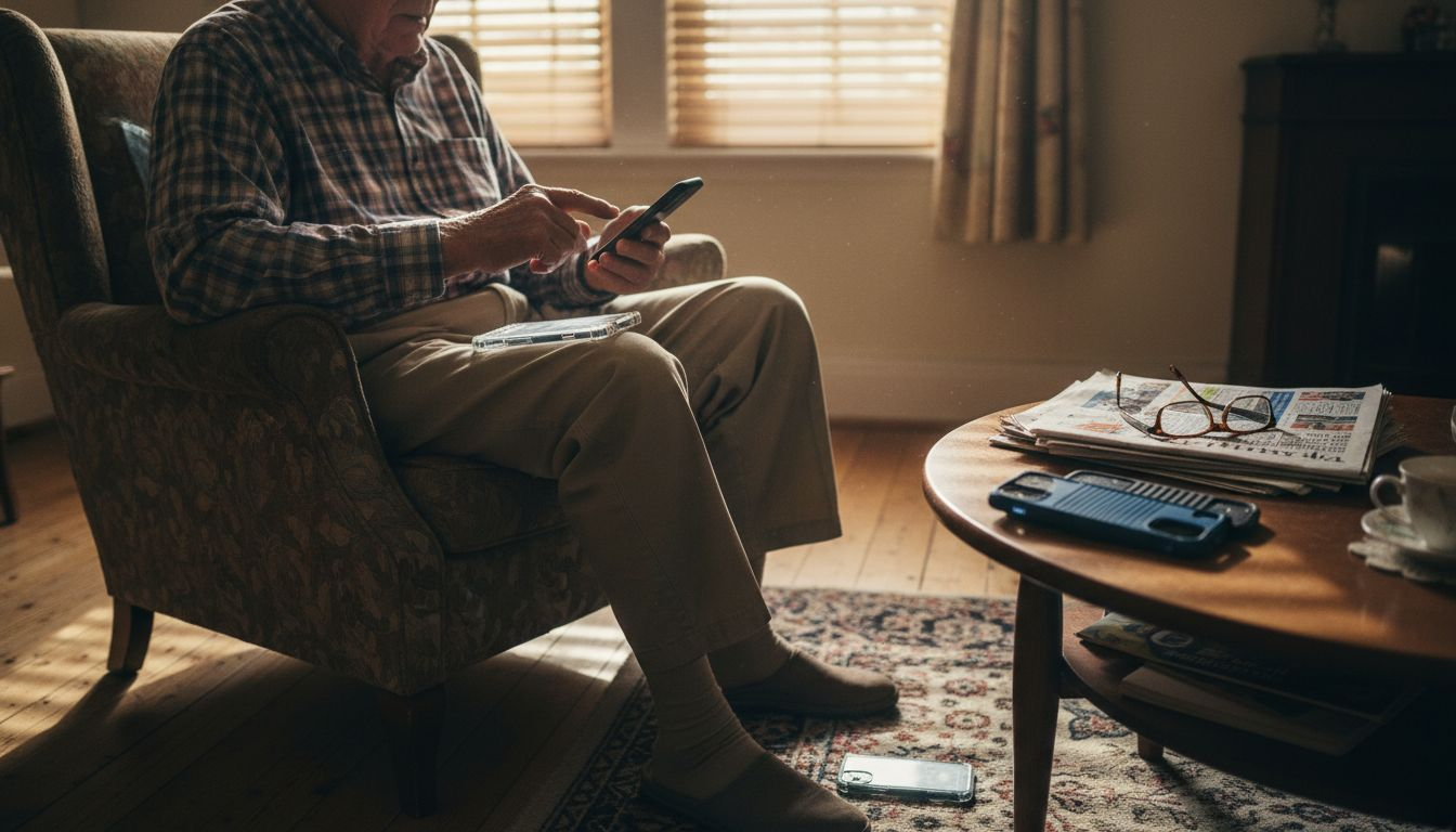 Elderly man testing phone case designs