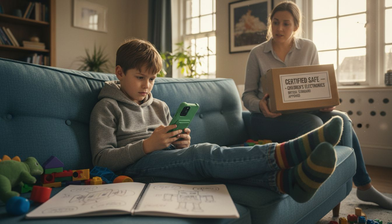 Child using protected phone on couch