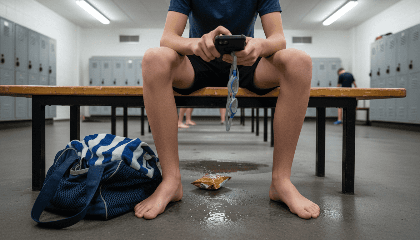 Teen boy fitting phone in waterproof sports case