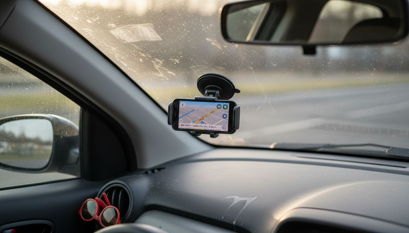 Suction phone mount on car windscreen