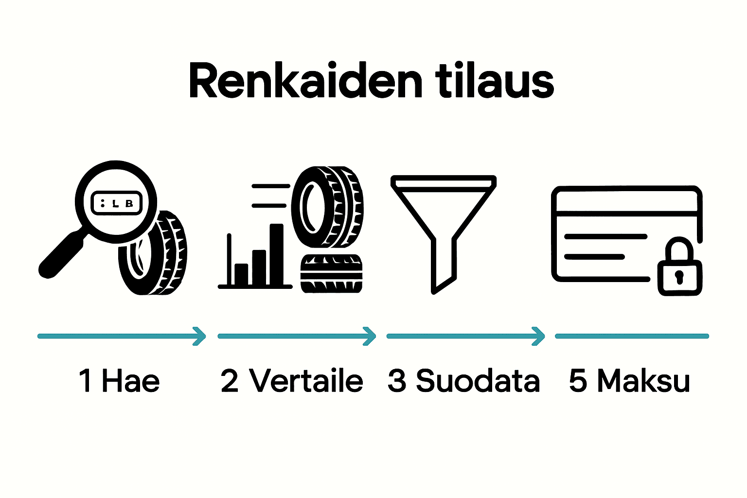 Viiden vaiheen renkaiden tilausprosessi kuvattuna ikonein ja nuolin.