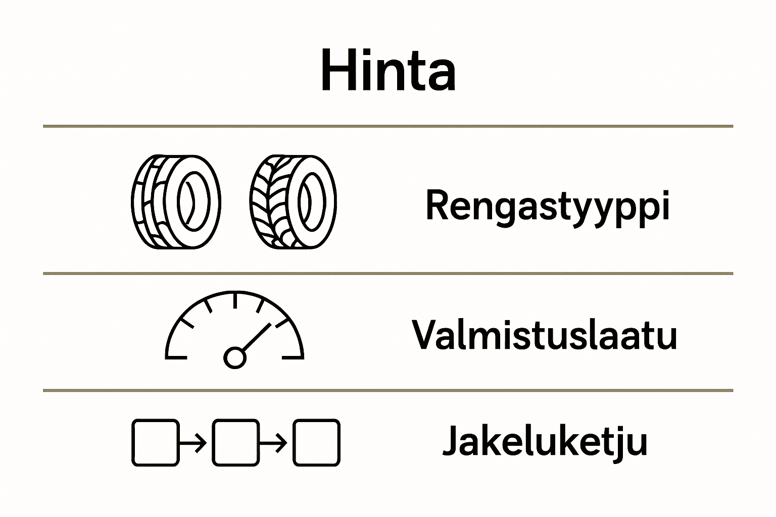 Infografiikka, jossa vertaillaan rengastyyppejä, laatua ja jakeluketjua renkaiden hinnan muodostajina.
