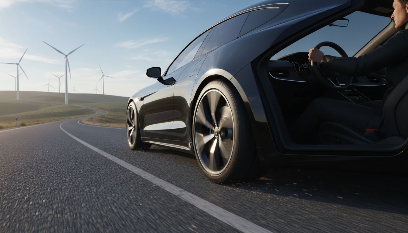 Electric car tires on scenic road