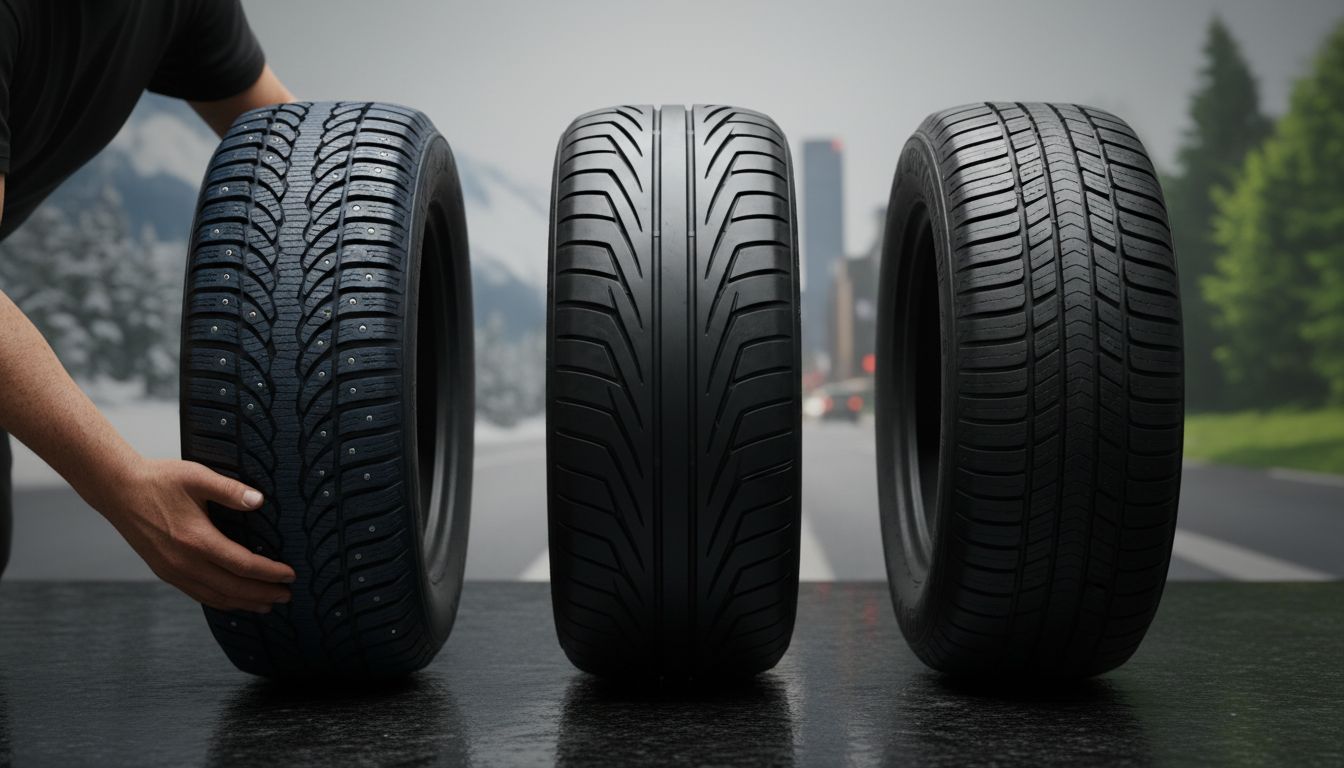 Three distinct car tires for different conditions