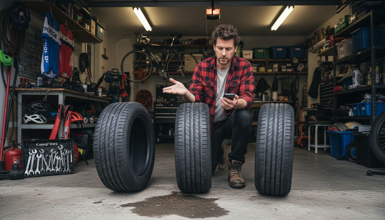 Examining different tire brands in home garage