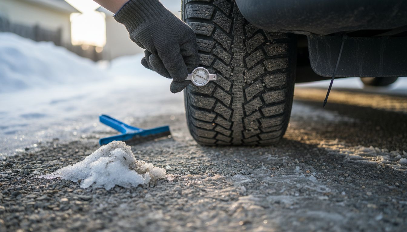 Hand measures tread depth on winter tire