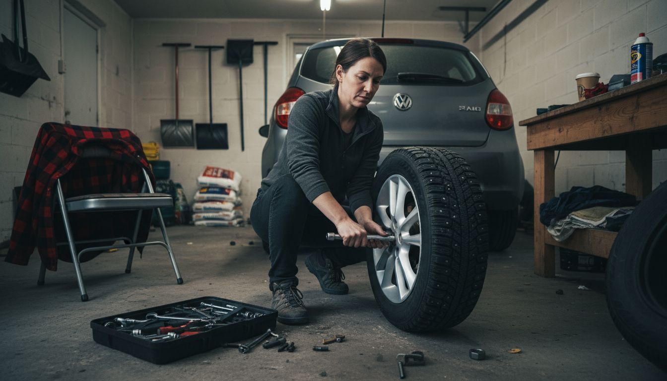 Woman attaching winter tire in garage