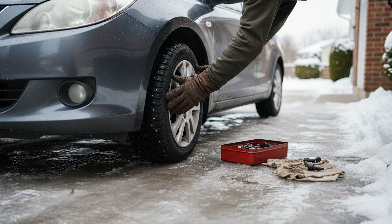 Hands fitting studded tire on icy driveway
