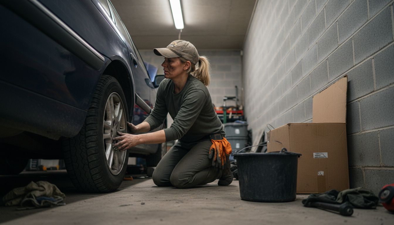 Woman aligning new tire inside garage