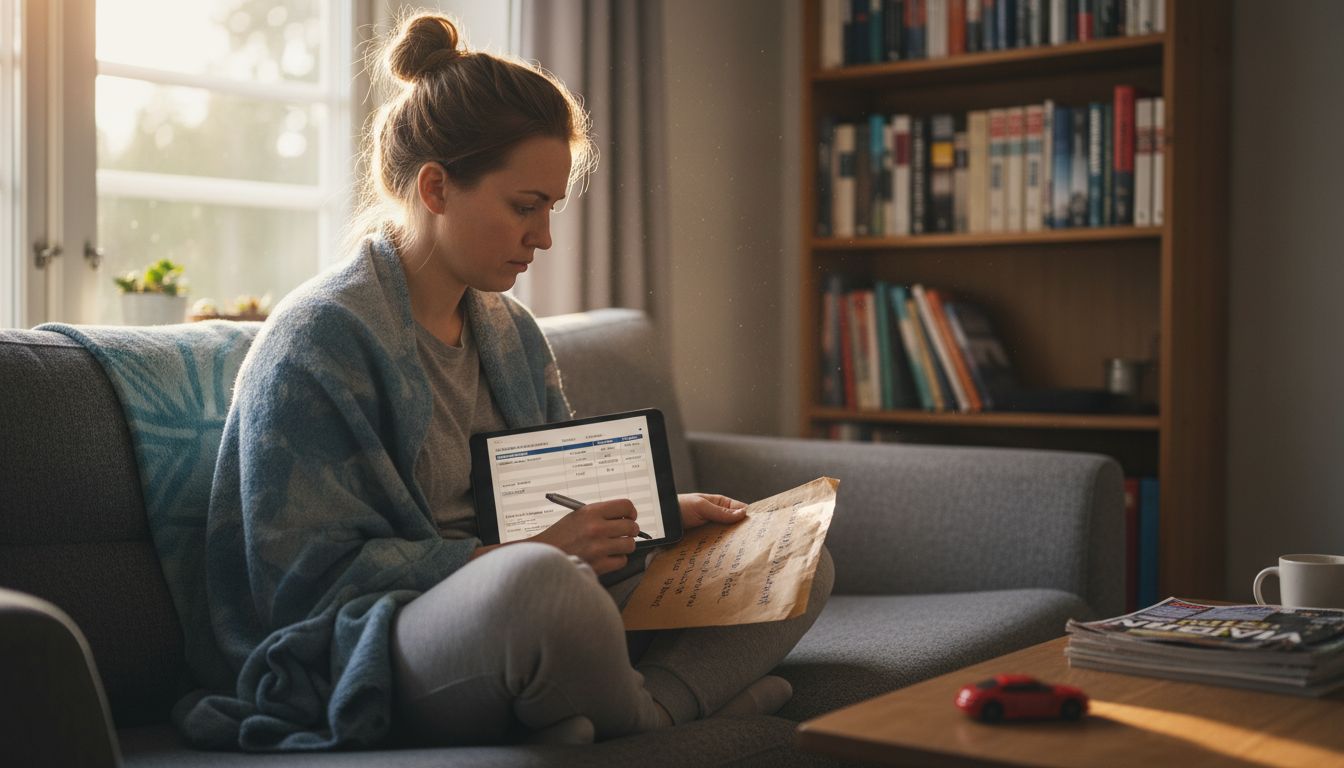Nainen vertailee kotonaan netissä eri rengasvaihtoehtoja.