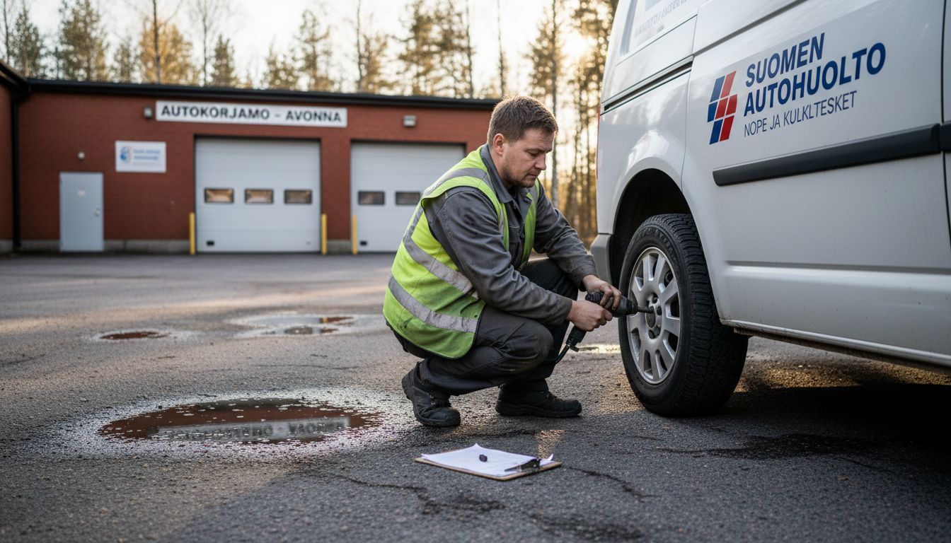 Automekaanikko vaihtamassa pakettiauton rengasta ulkona työpaikan pihalla.