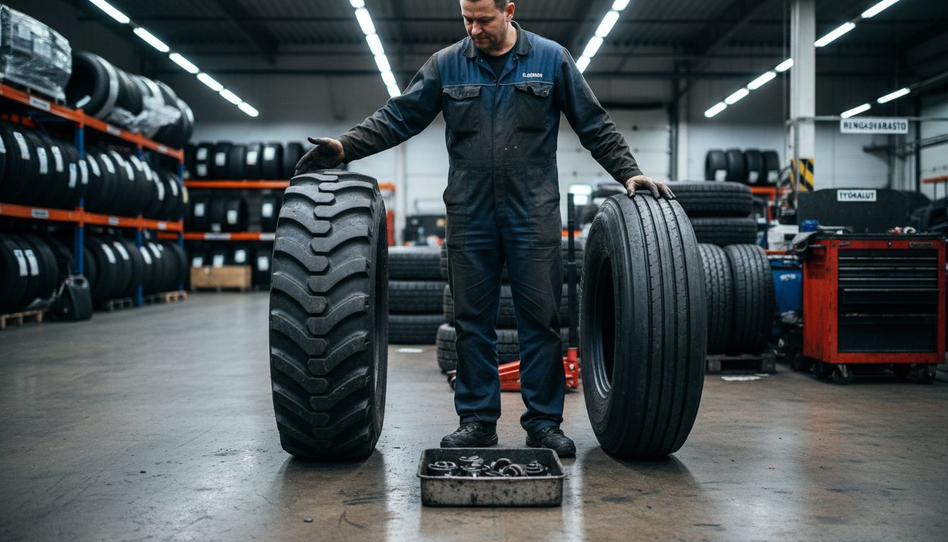 Mekaanikko vertailee kahta eri hyötyajoneuvon rengasta.