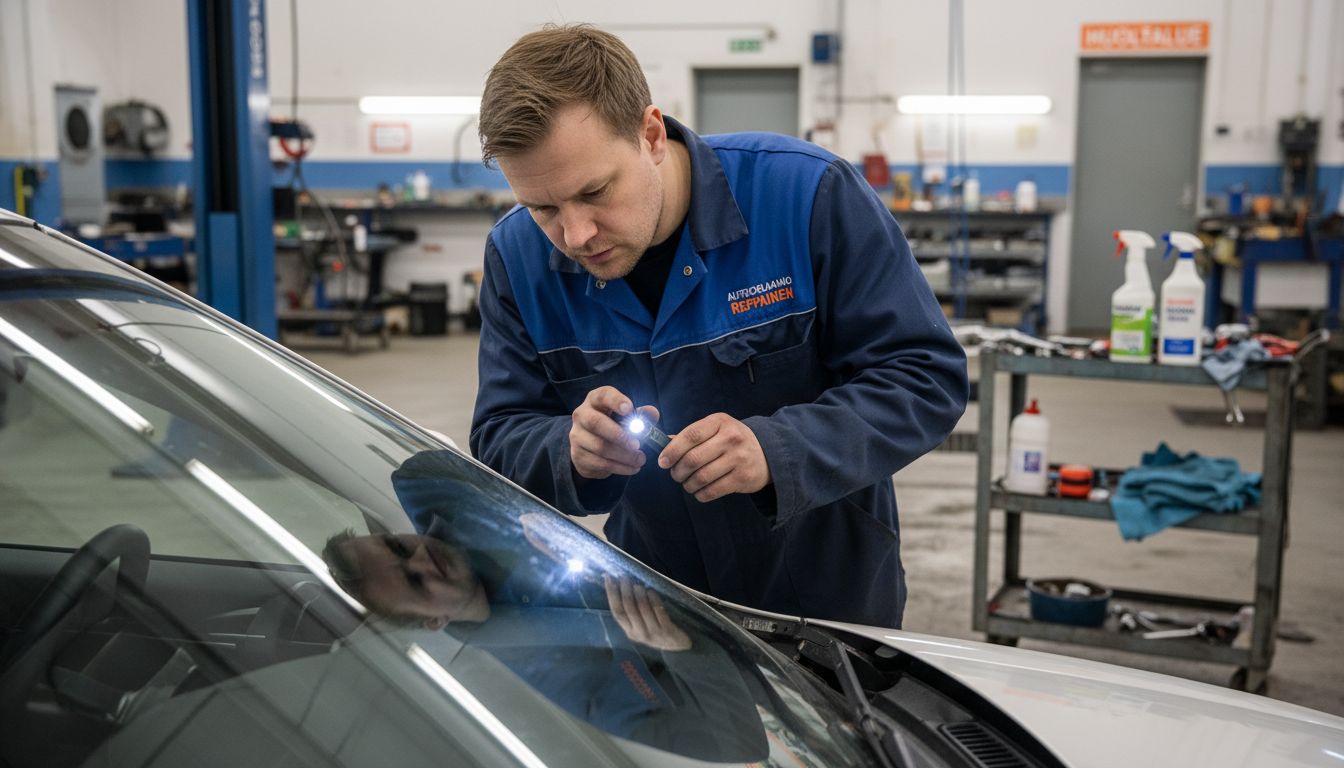 Asiantuntija tarkistaa tuulilasia taskulampun avulla.