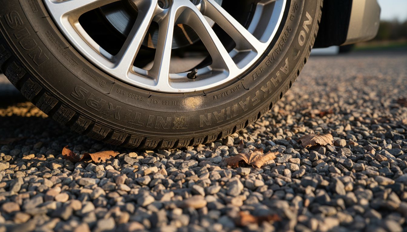 Lähikuvassa auton renkaan sivupinnan merkinnät