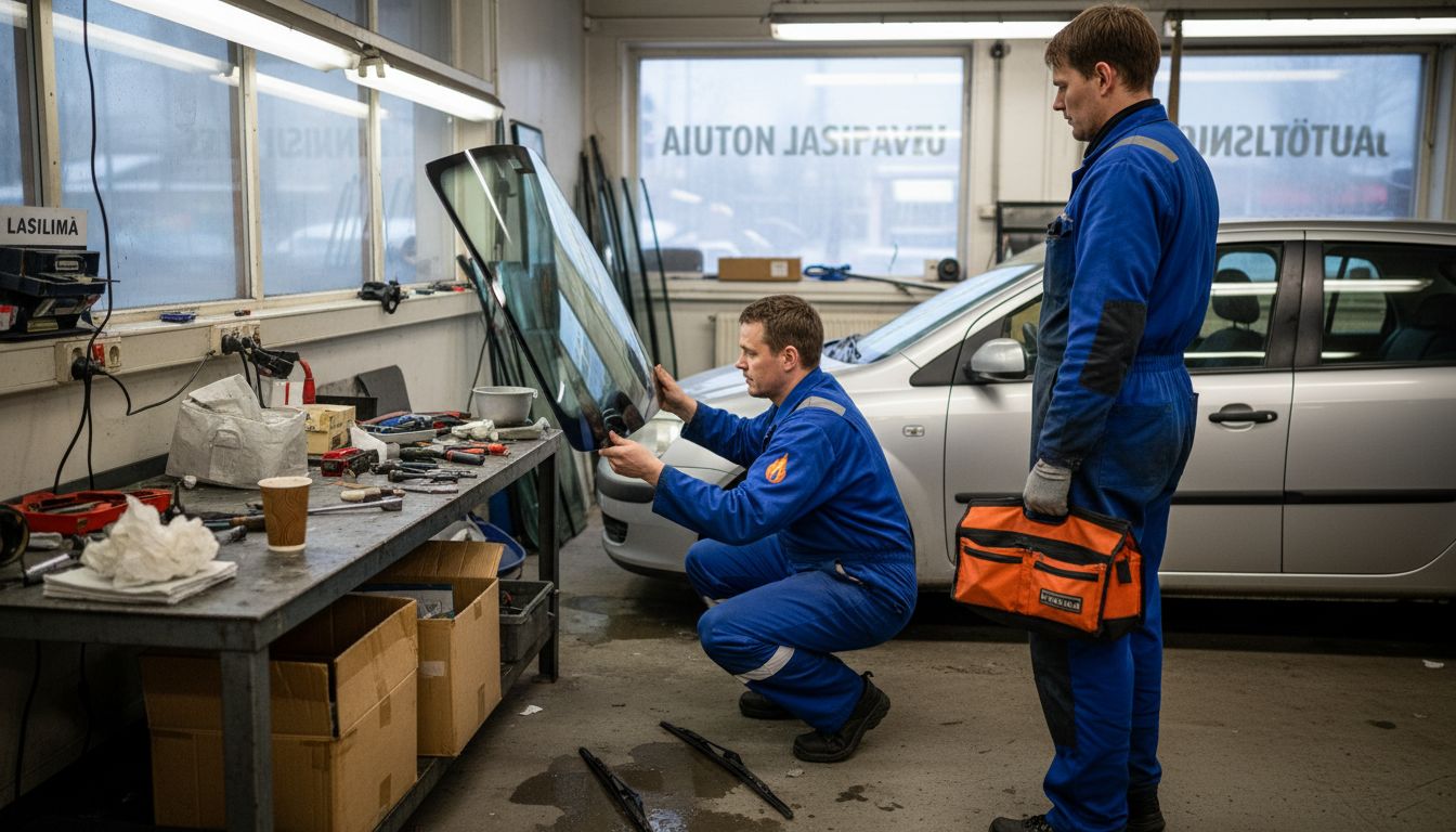 Automekaanikko vaihtaa tuulilasia korjaamolla.