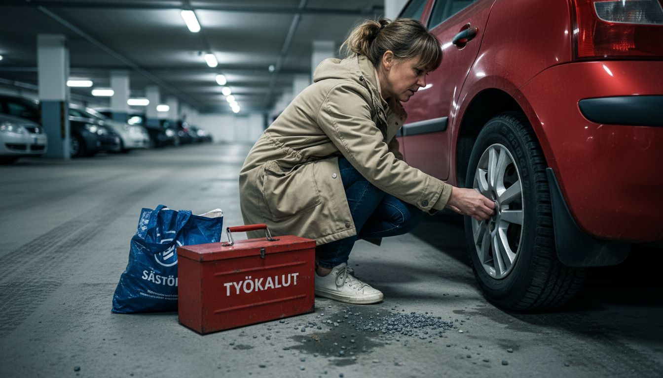 Nainen tarkistaa autonsa renkaan koon autotallissa.