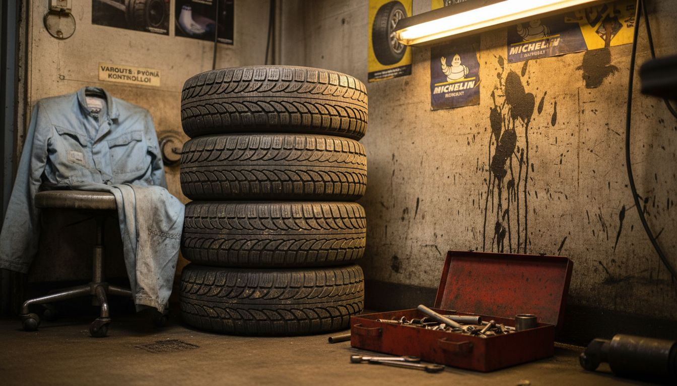 Lähikuvassa neljä erilaista autonrengasta vierekkäin.