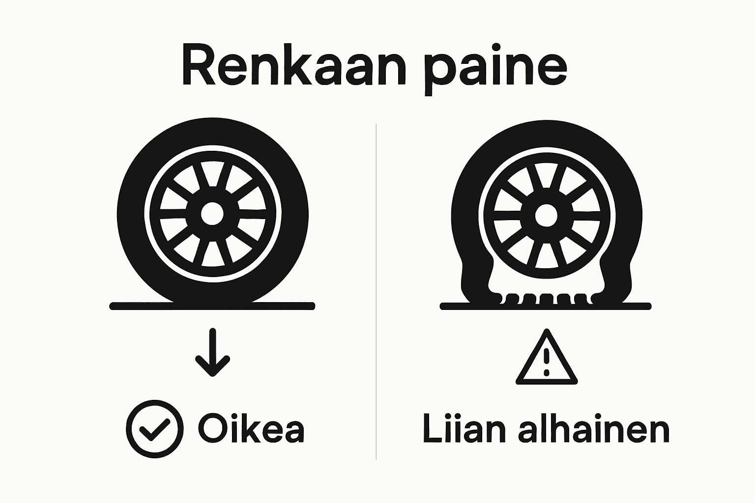 Havainnollistava kuva renkaiden oikeista ja vaarallisista ilmanpaineista