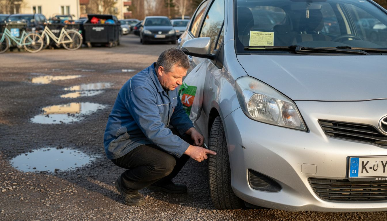 Mies tarkistaa renkaan kuntoa ja kulutuspintaa autossaan.