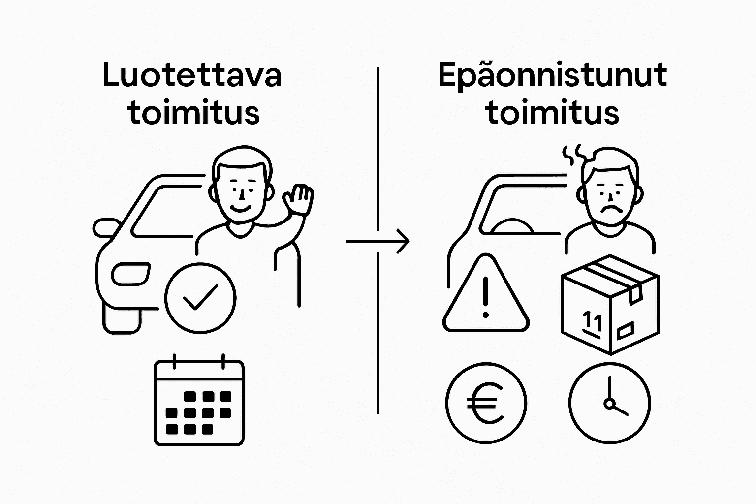 Havainnollistava kuva, jossa vertaillaan onnistunutta ja epäonnistunutta rengastoimitusta