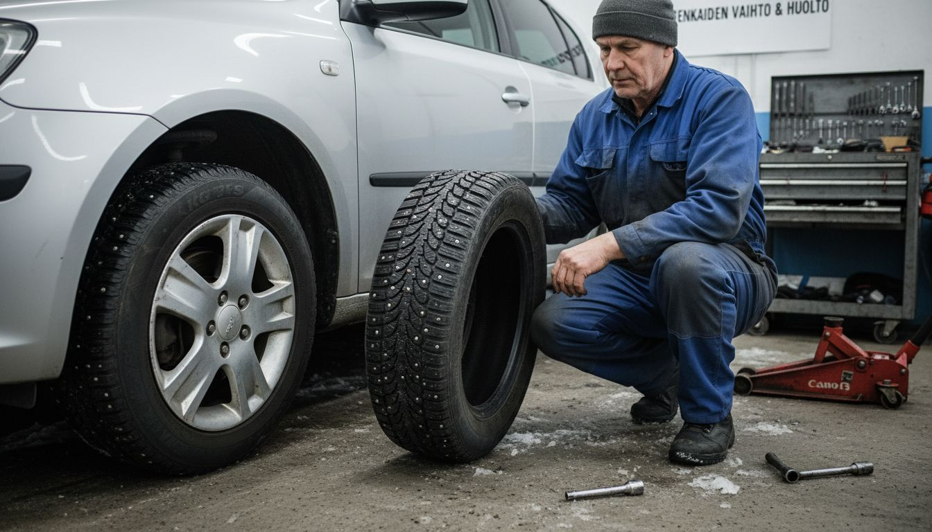 Automekaanikko puntaroi nastarenkaiden ja kitkarenkaiden eroja