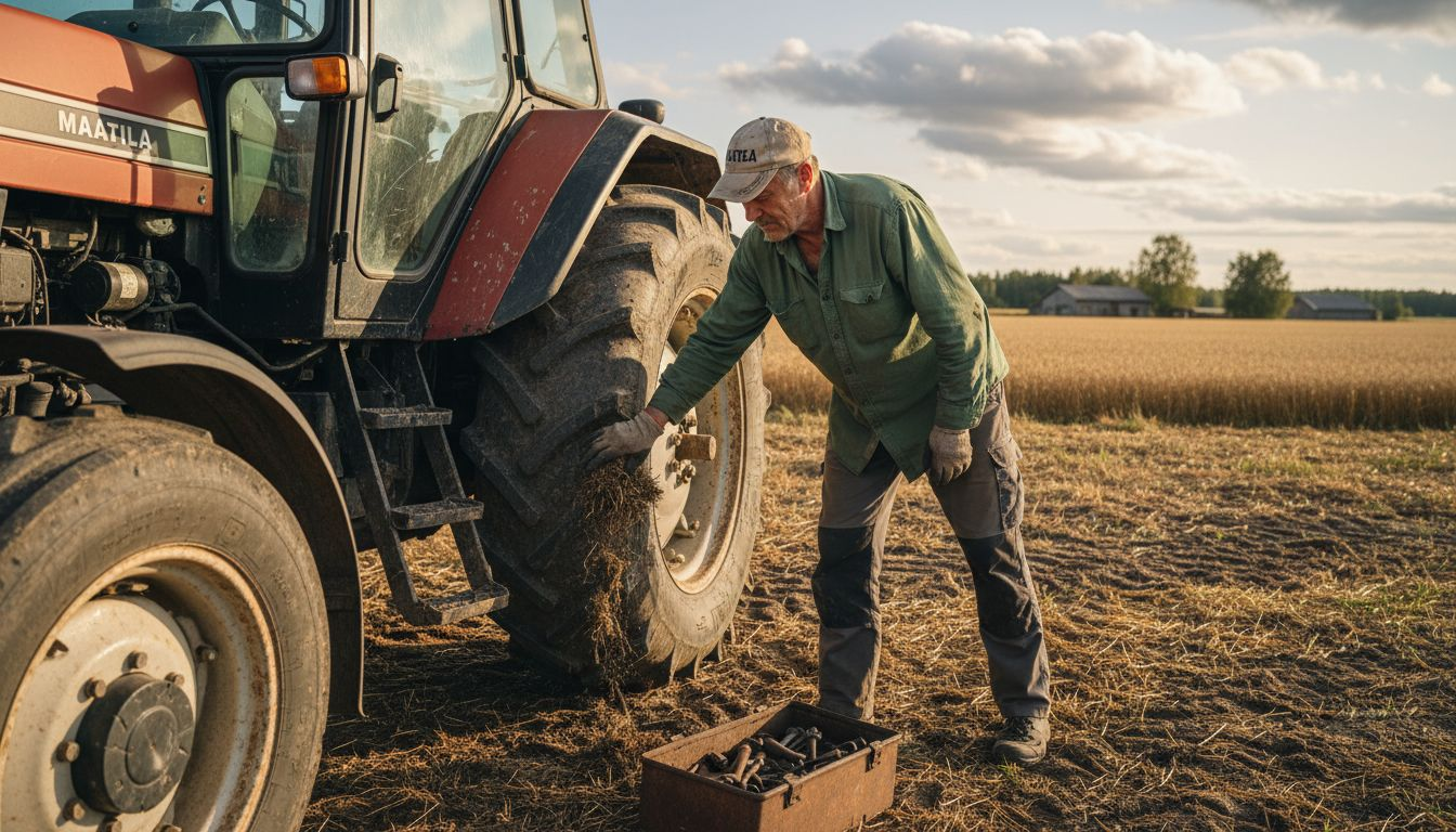 Maanviljelijä tarkistaa traktorin renkaan kunnon vehnäpellon laidalla.