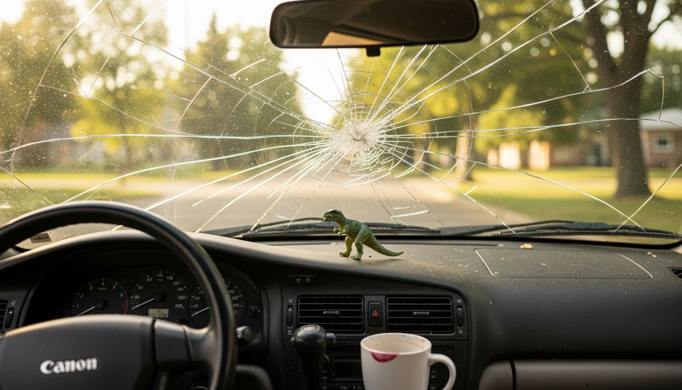 Näkymä auton sisältä, tuulilasissa iso halkeama.