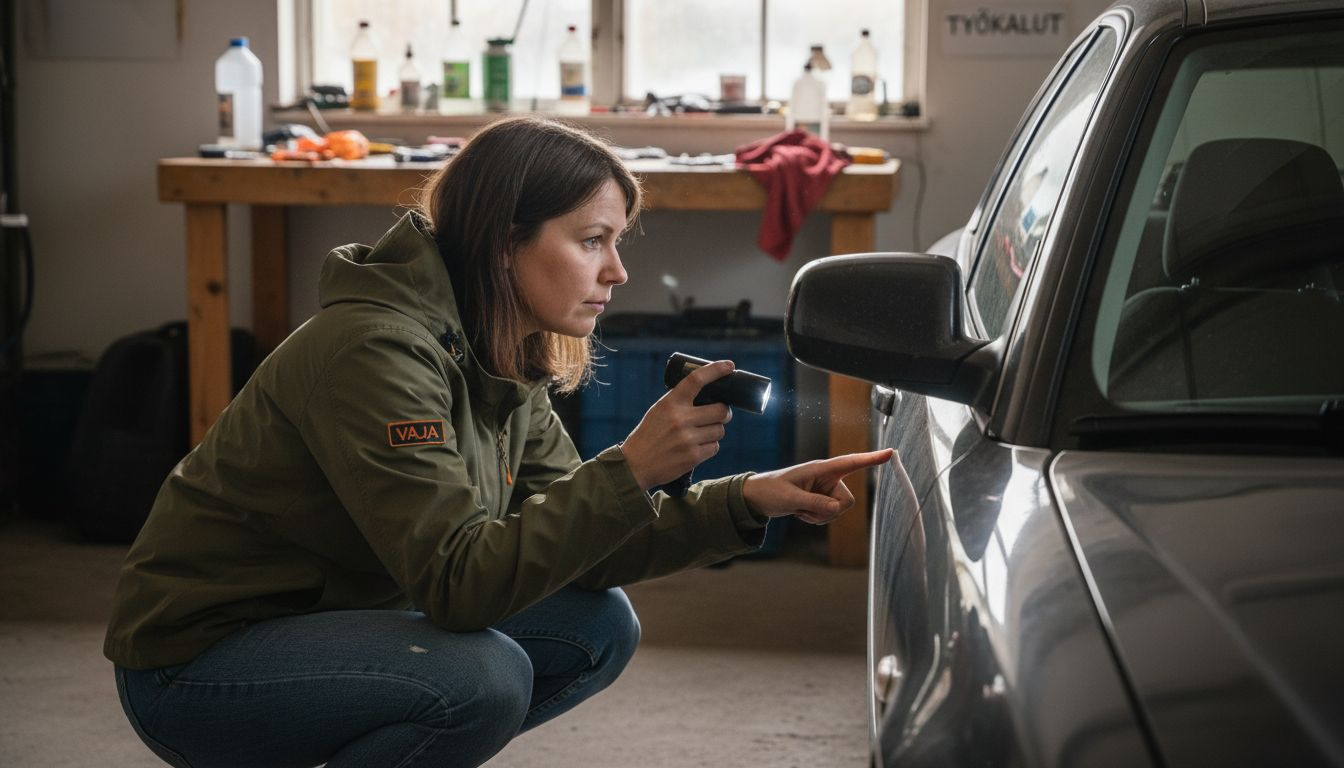 Nainen tarkistaa tuulilasia mahdollisten pienten halkeamien varalta.
