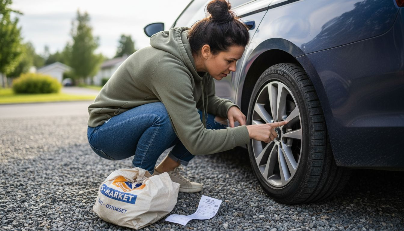 Nainen tarkastelee renkaan kylkeen merkittyjä tietoja