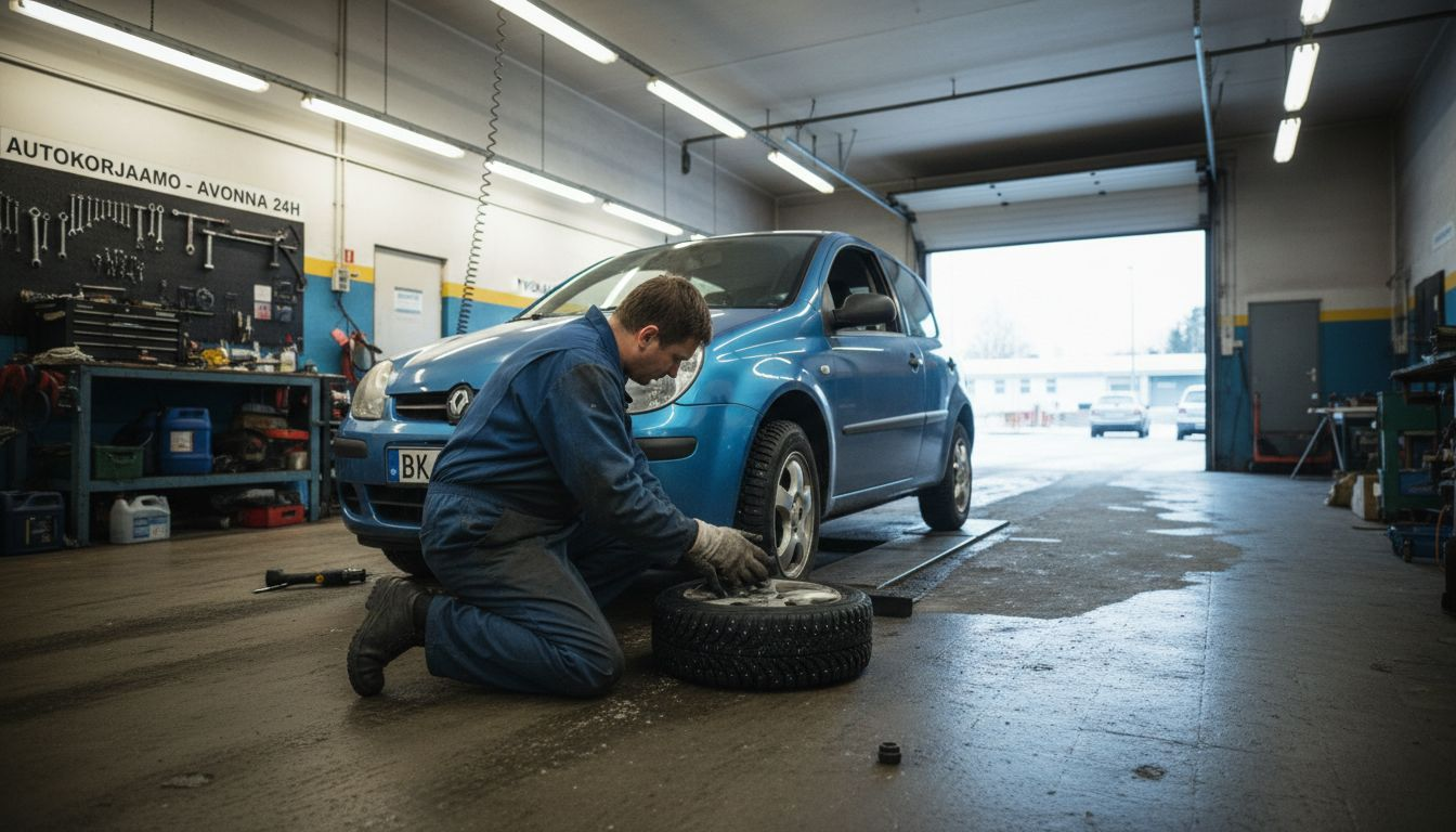 Automekaanikko asentaa nastarenkaita talvisessa korjaamossa.