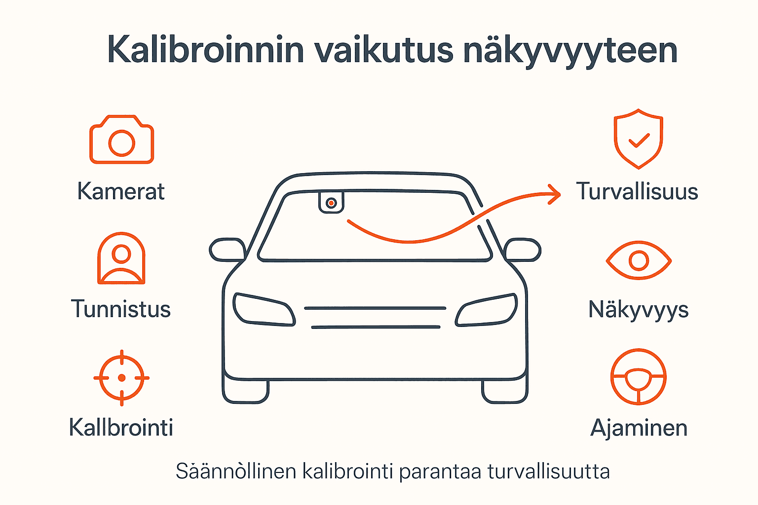 Infografiikka tuulilasin ja auton kamerajärjestelmän kalibroinnin vaiheista